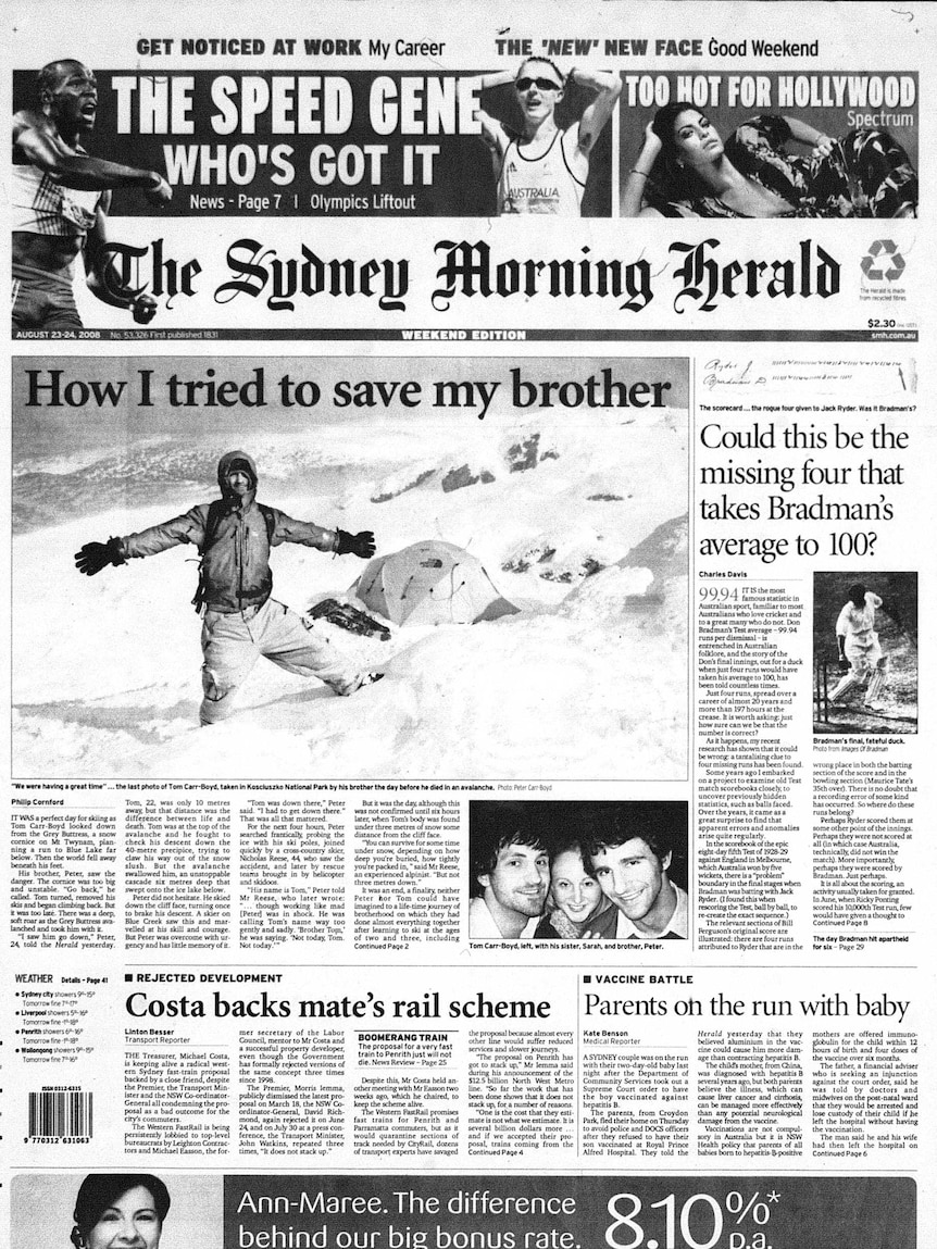 A newspaper front page with a Bradman article on it