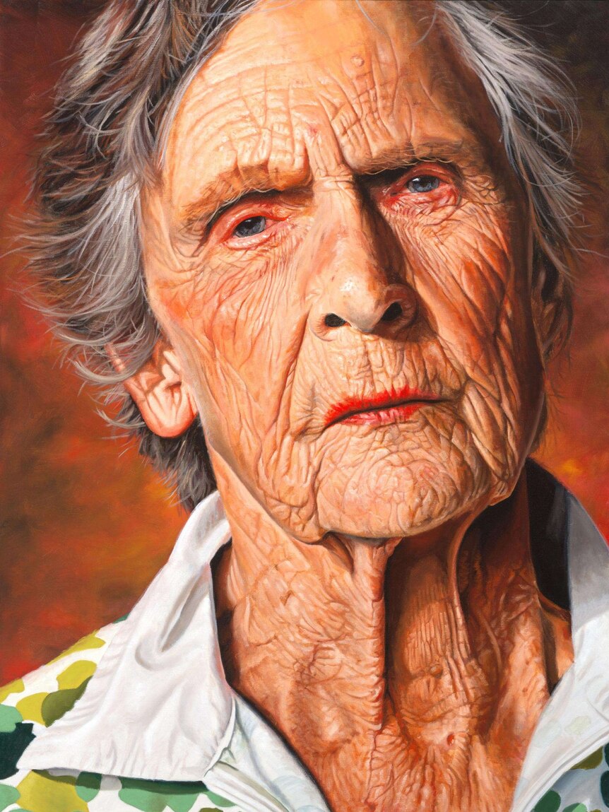 painting of an elderly woman close up displaying lots of wrinkles with red background