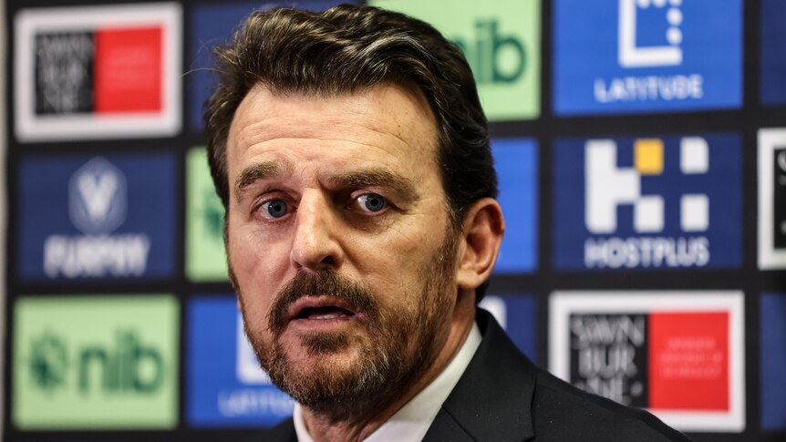 Brendon Gale looks to his left during a media conference in 2023.