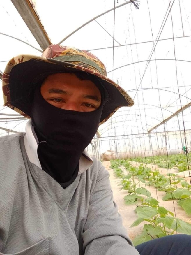 Man wearing a hat and face mask working in a greenhouse.