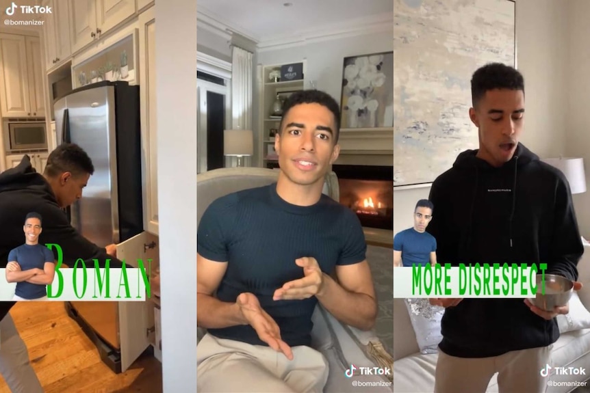 Three shots from a tiktok with a young man parodying reality TV while at home in lockdown