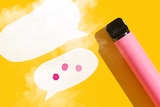A pink vape is seen cut out and put on a yellow backdrop with two text speech bubbles on the left.