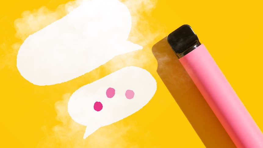 A pink vape is seen cut out and put on a yellow backdrop with two text speech bubbles on the left.