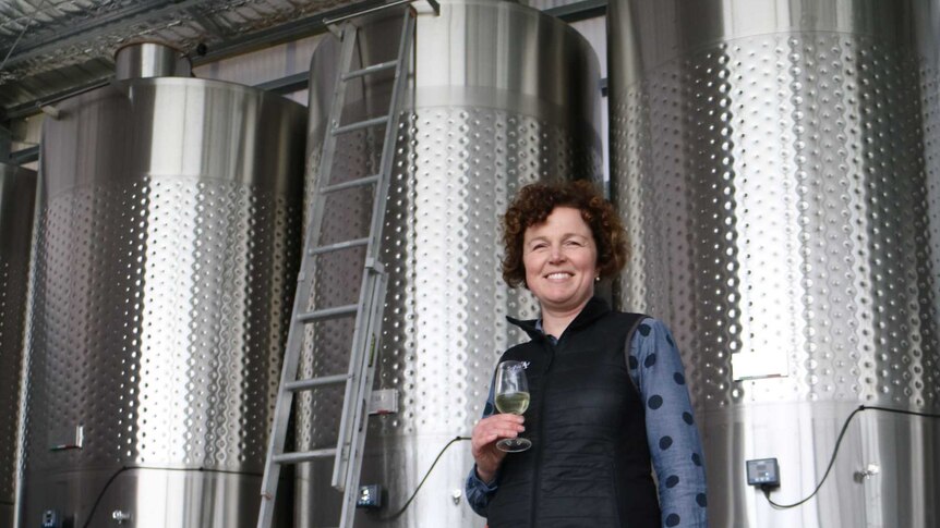 a dog stands next to winery owner in front of tall stainless steel wine tanks