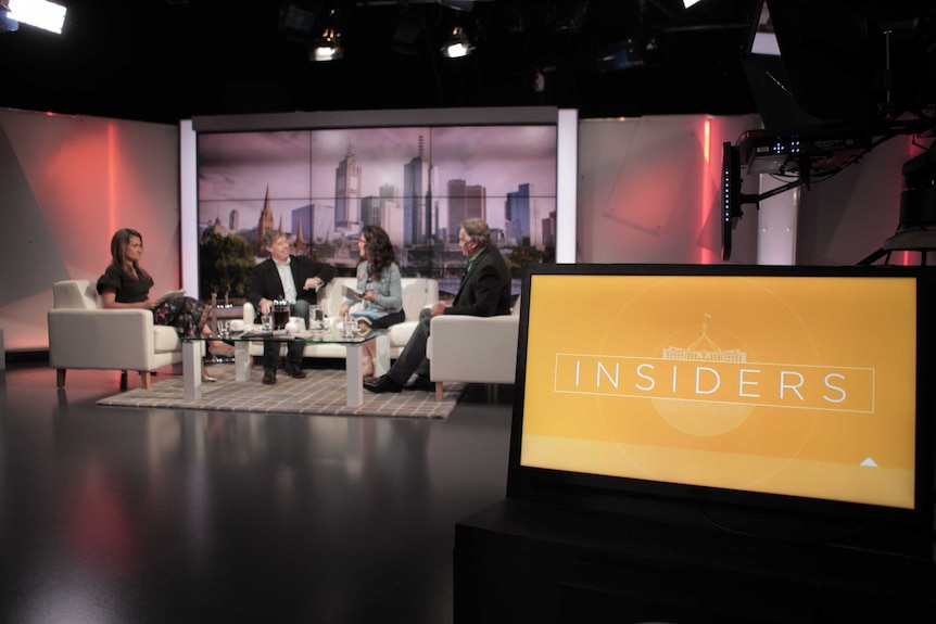 Wide shot of Insiders set with Barrie Cassidy and panel.