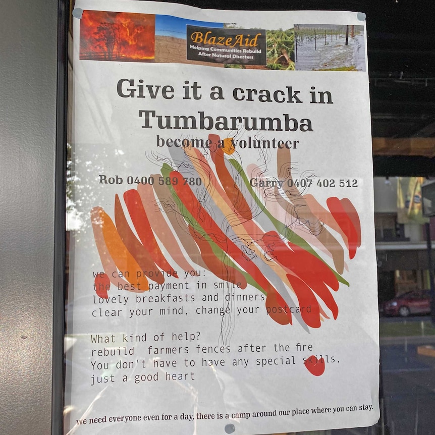 A white piece of paper with advertising on it asking people to join BlazeAid's Tumbarumba camp