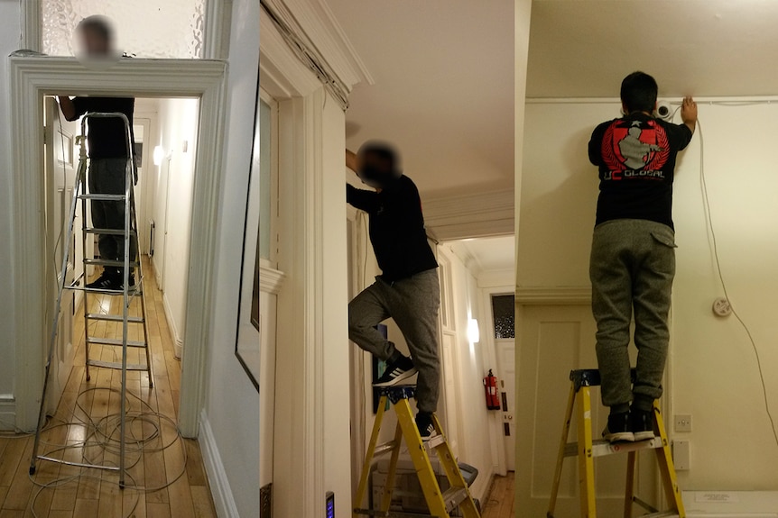 Three photos of a man ion a ladder installing CCTV.