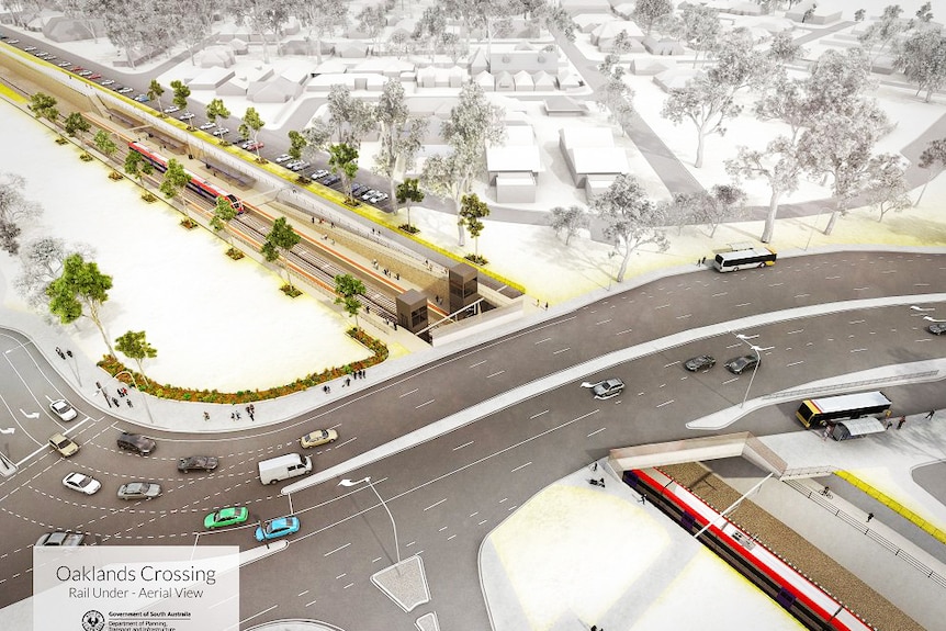 Oaklands Crossing upgrade plan shows rail line under the road.