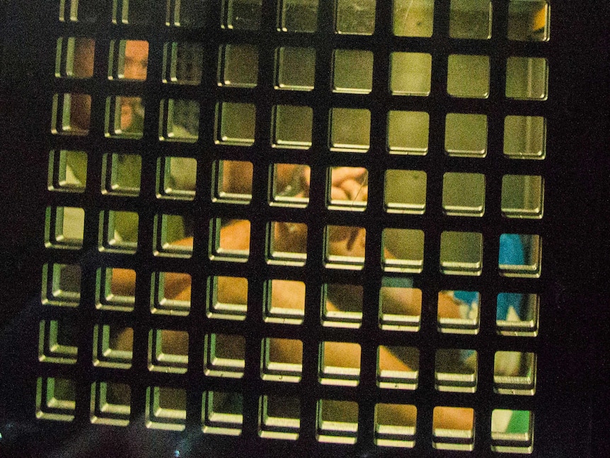 Brenden Abbott photographed through mesh on the inside of a police van window.