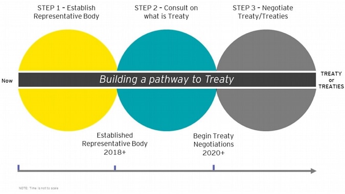 Step 1: Establish Representative Body. Step 2: Consult on what is Treaty. Step 3: Negotiate Treaty/Treaties.