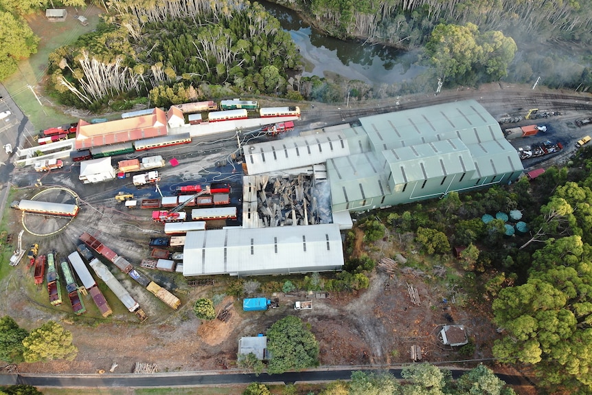 Drone shot of fire damage at railway sheds.