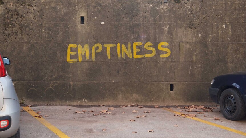 The word "emptiness" written on a wall in front of an empty car space.