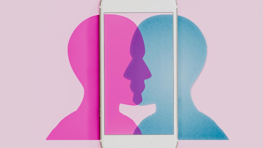 Silhouettes of two faces overlapping, with a smartphone on top. 