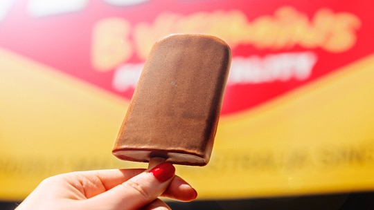 A person holds a Vegemite icy pole.
