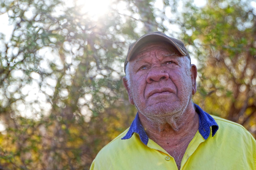 A older aboriginal man looks up.