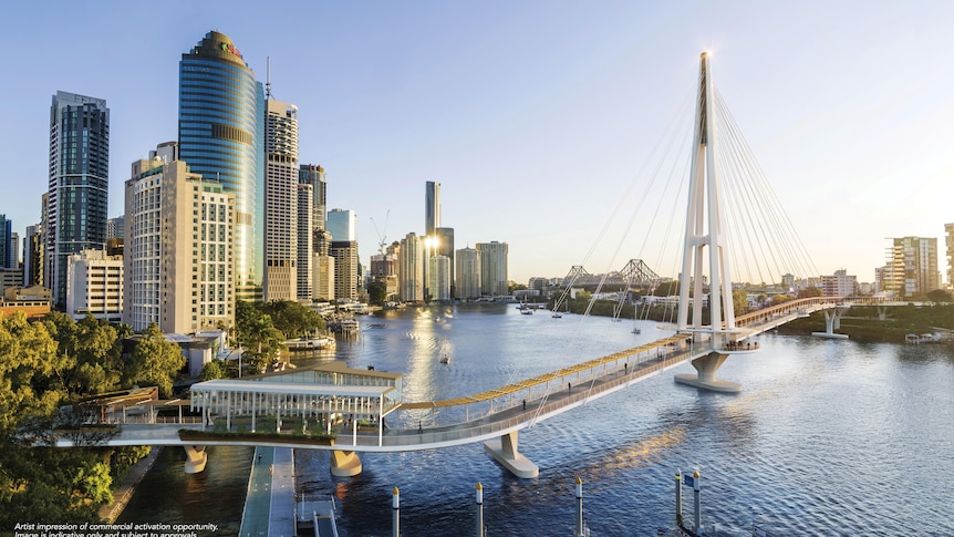 A white bridge spanning the Brisbane River with the city in the background.