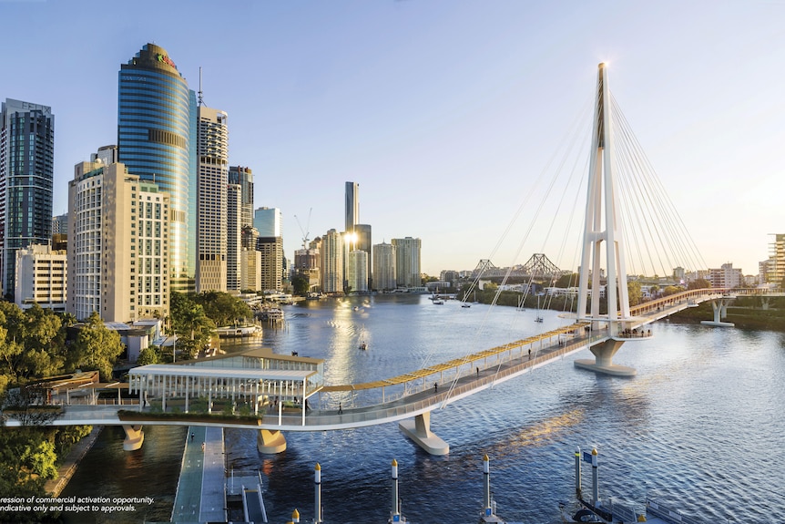 A white bridge spanning the Brisbane River with the city in the background.