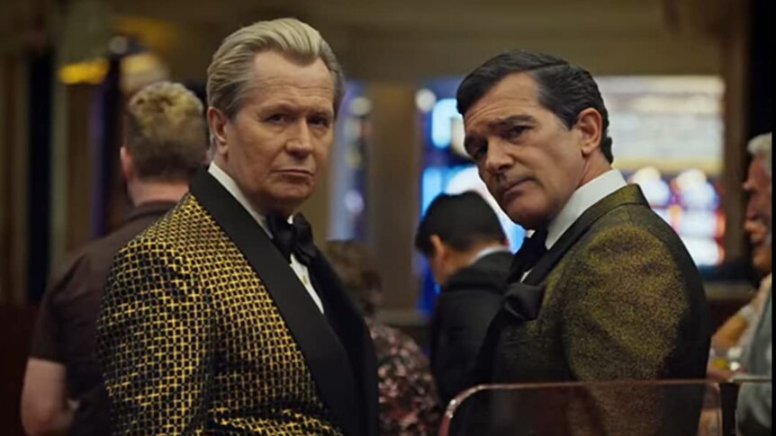 Scene from the 2019 movie, The Laundromat, directed by Steven Soderbergh, with Gary Oldman and Antonio Banderas. 