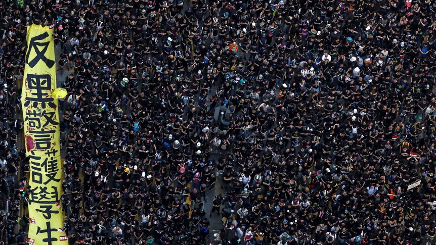 Protesters hold placards as they attend a demonstration demanding Hong Kong's leaders to step down.