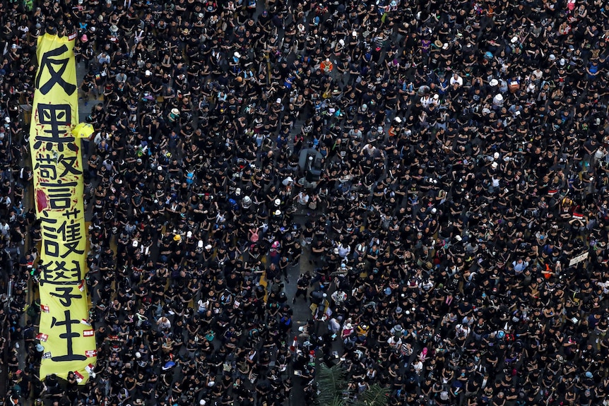 Protesters hold placards as they attend a demonstration demanding Hong Kong's leaders to step down.