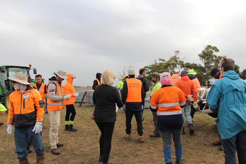 A group of people in orange vests stand around on farmland.