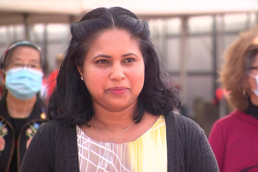 Meha Siva, speaking at the Palm Plaza in Dandenong.