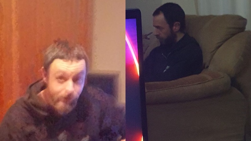 Composite of a blurry image of a man with a beard and a man sitting on a couch. 