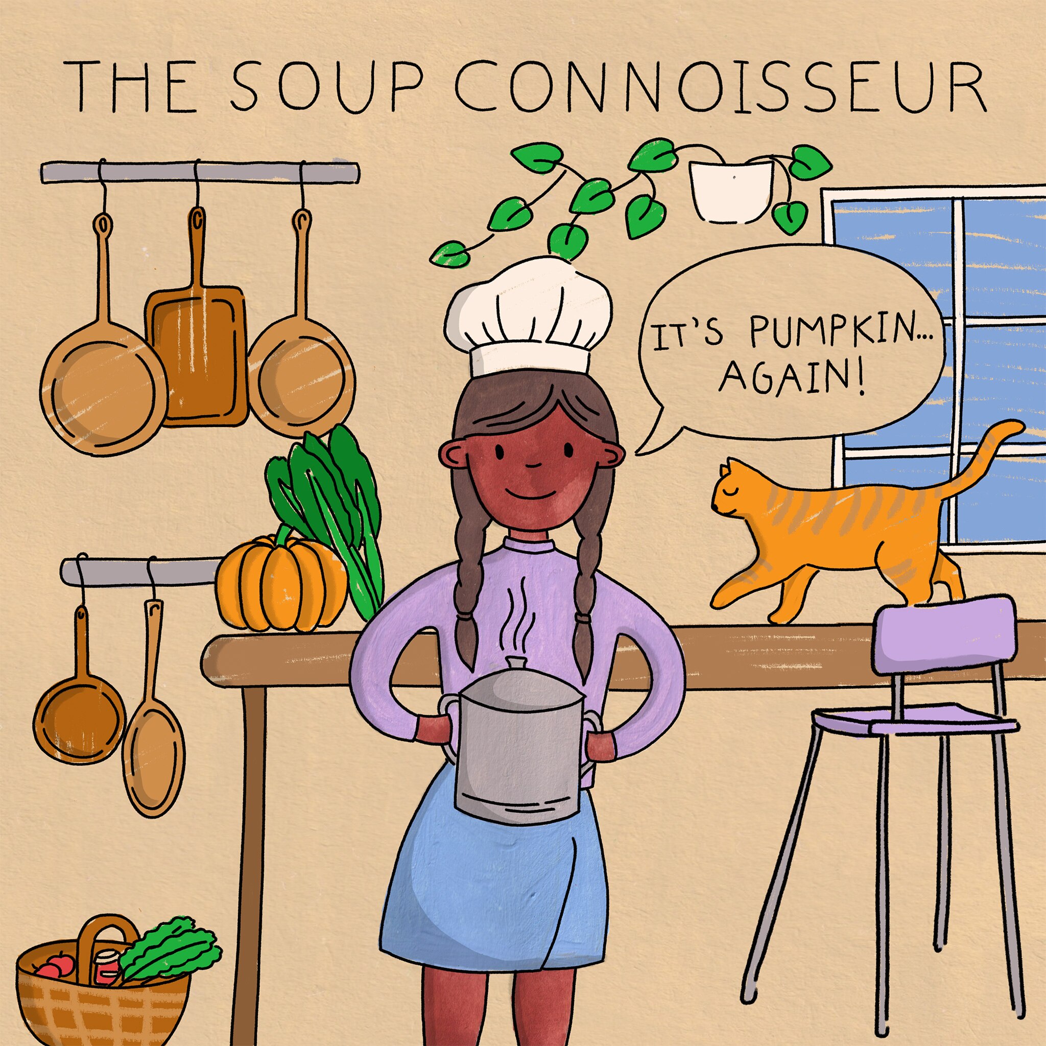 Woman holding soup pot in kitchen. Text: The Soup Connoisseur