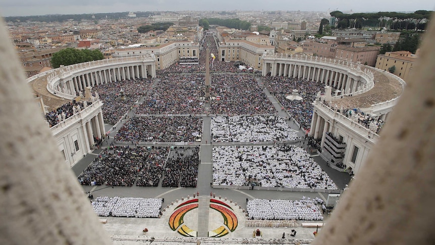 St. Peter's Square packed with pilgrims during the canonisation ceremony of Popes John XXIII and John Paul II.