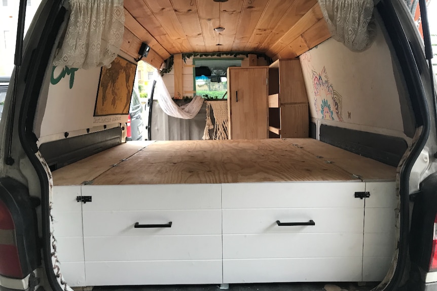 Interior of a van inbuilt draws.