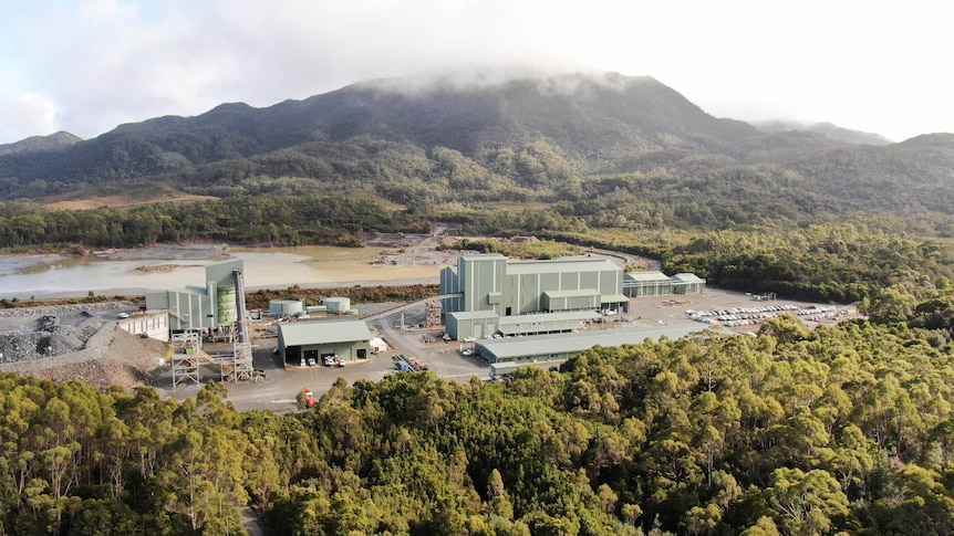 Buildings on a cleared area of bush with a mountain in the background 