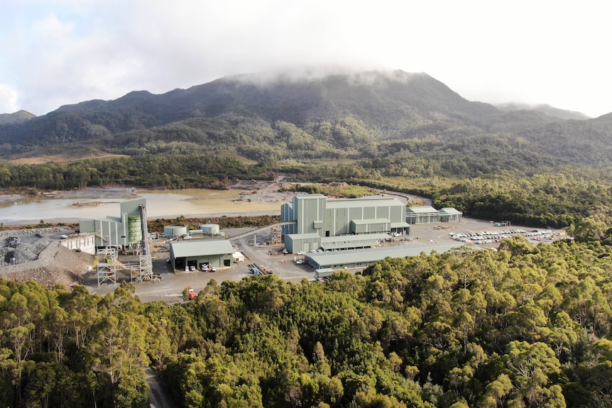 Buildings on a cleared area of bush with a mountain in the background 