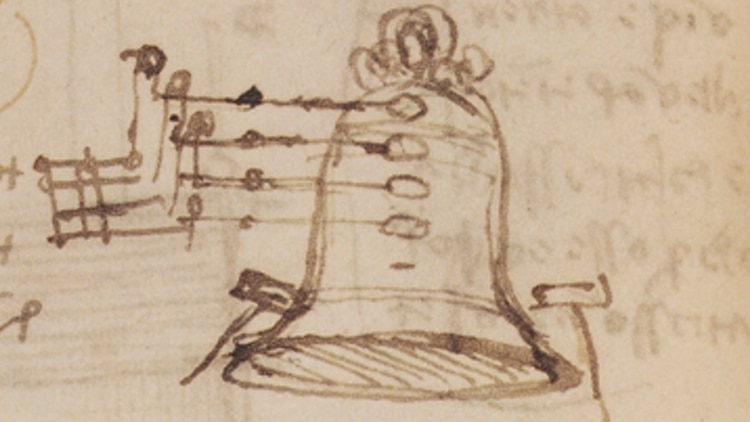 A segment from da Vinci's notebook, a hand drawn diagram of a bell.