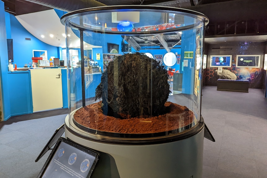 A large ball of space junk on display in a glass container