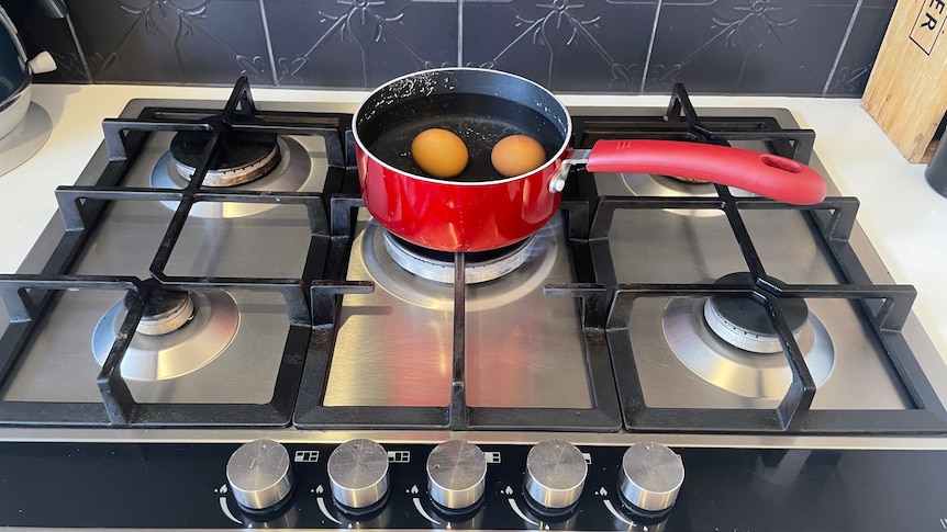 Two eggs boil in water in a red saucepan on a stainless steel gas cooktop with a black patterned tile splashback