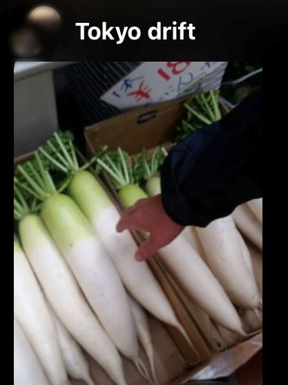 A screenshot of a giant vegetable, titled with Tokyo drift.