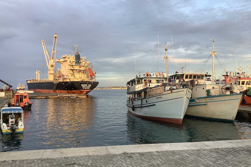 Fishing and boats and trawlers are seen moored at a port.
