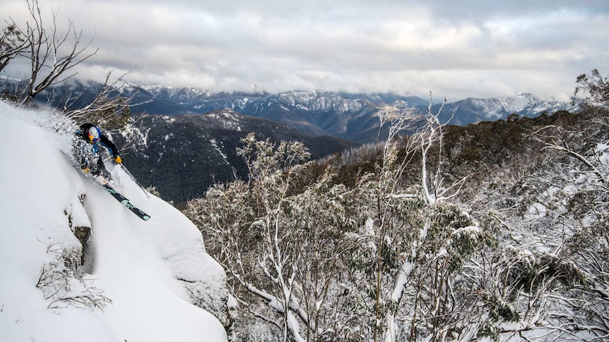 A person skis down a steep slope in Australia's snowy landscape.