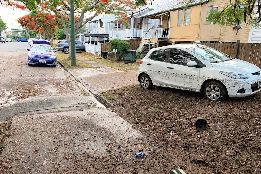 Leaves mark a car where the floodwaters rose to during the storm.