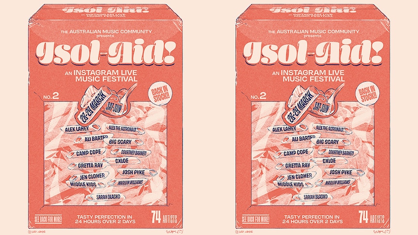 artwork for the second edition of Isol-Aid livestreaming music festival, done in the style of a pasta box