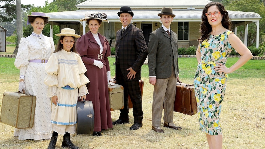 Annabel Crabb and the Ferrone family, featured in the ABC series Further Back In Time For Dinner.
