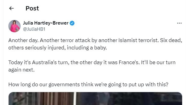 Julia Hartley-Brewer tweet: Another day. Another terror attack by another Islamist terrorist.