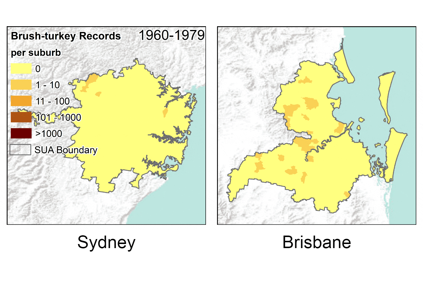 Two maps of the greater Brisbane and Sydney areas showing centralised growth of turkey populations