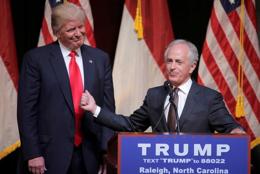 Happier times... Bob Corker speaks at a Trump rally in 2016.