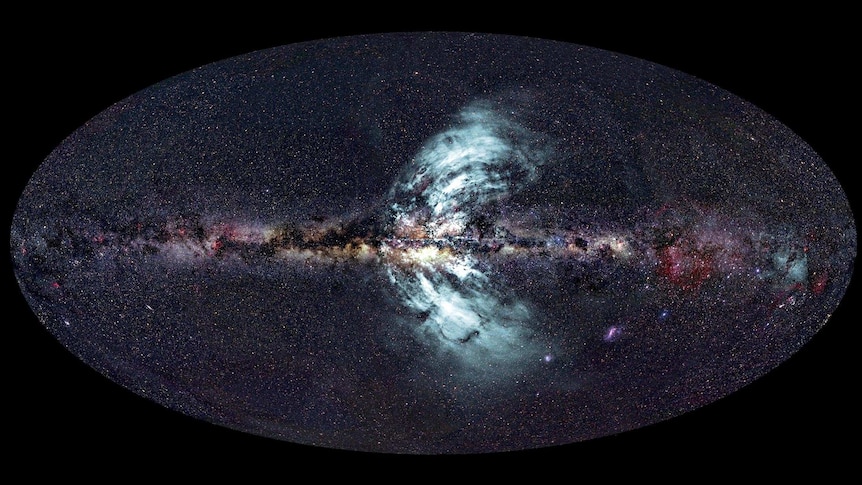 The new-found outflows of charged particles (pale blue) from the centre of the Milky Way.