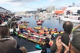 Anti-salmon protest gathering in Hobart.