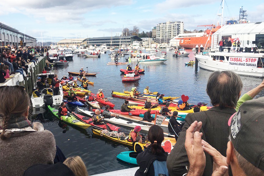 Anti-salmon protest gathering in Hobart.