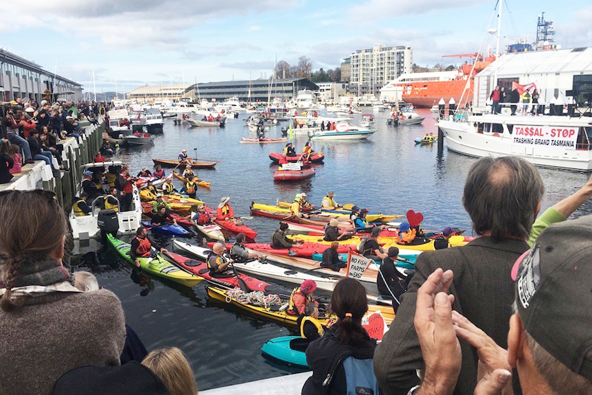 Anti-salmon protest gathering in Hobart.