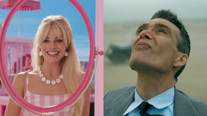Screengrabs from Barbie and Oppenheimer