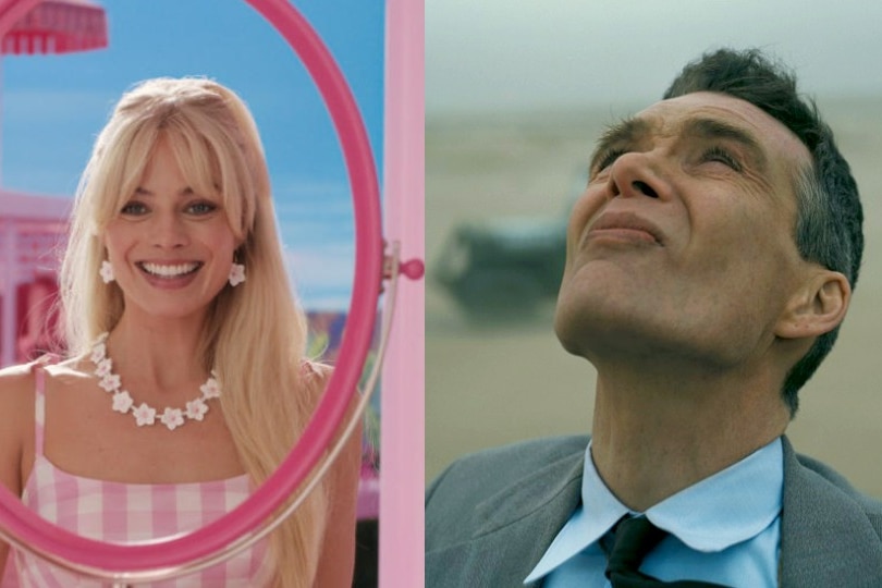 Screengrabs from Barbie and Oppenheimer